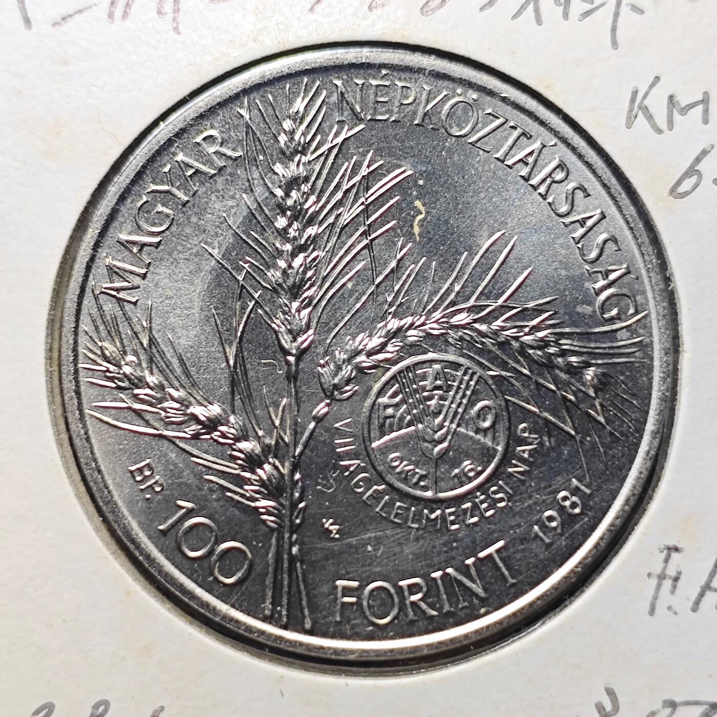 KK钱币收藏小铺 第300期 百期特拍3连拍第2场  周末发货    1981匈牙利100福林FAO 发行量仅5万 少见！拆卷品