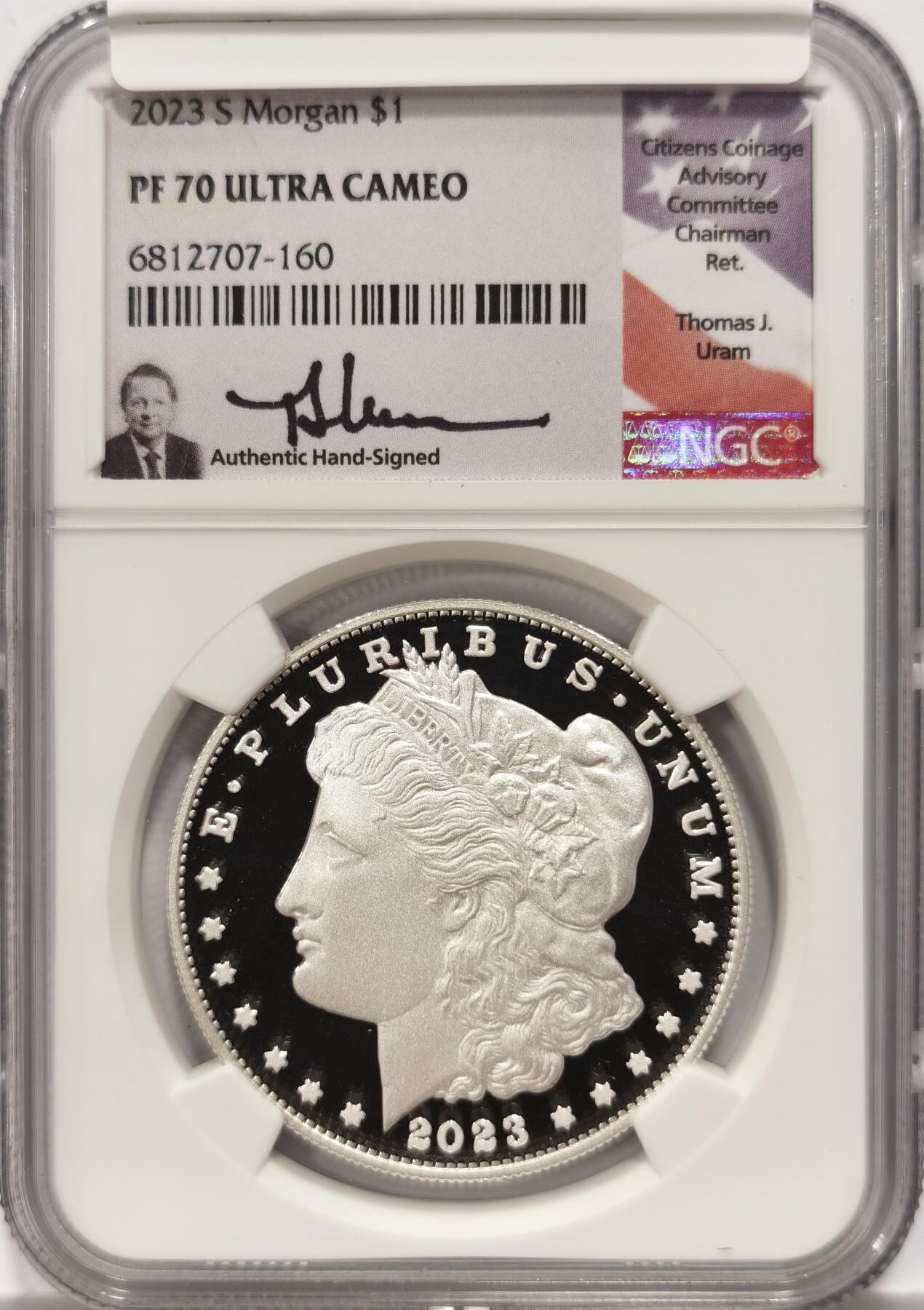 【麦稀奇收藏嘉年华】 博洋堂美国及美洲钱币专场拍卖②暨第127期（全场包邮） NGC PF70UC 美国2023年S版摩根复刻精制1美元精制银币，罕见70分满分精制币，公民铸币咨询委员会主席Thomas J. Uram签名特殊标签10