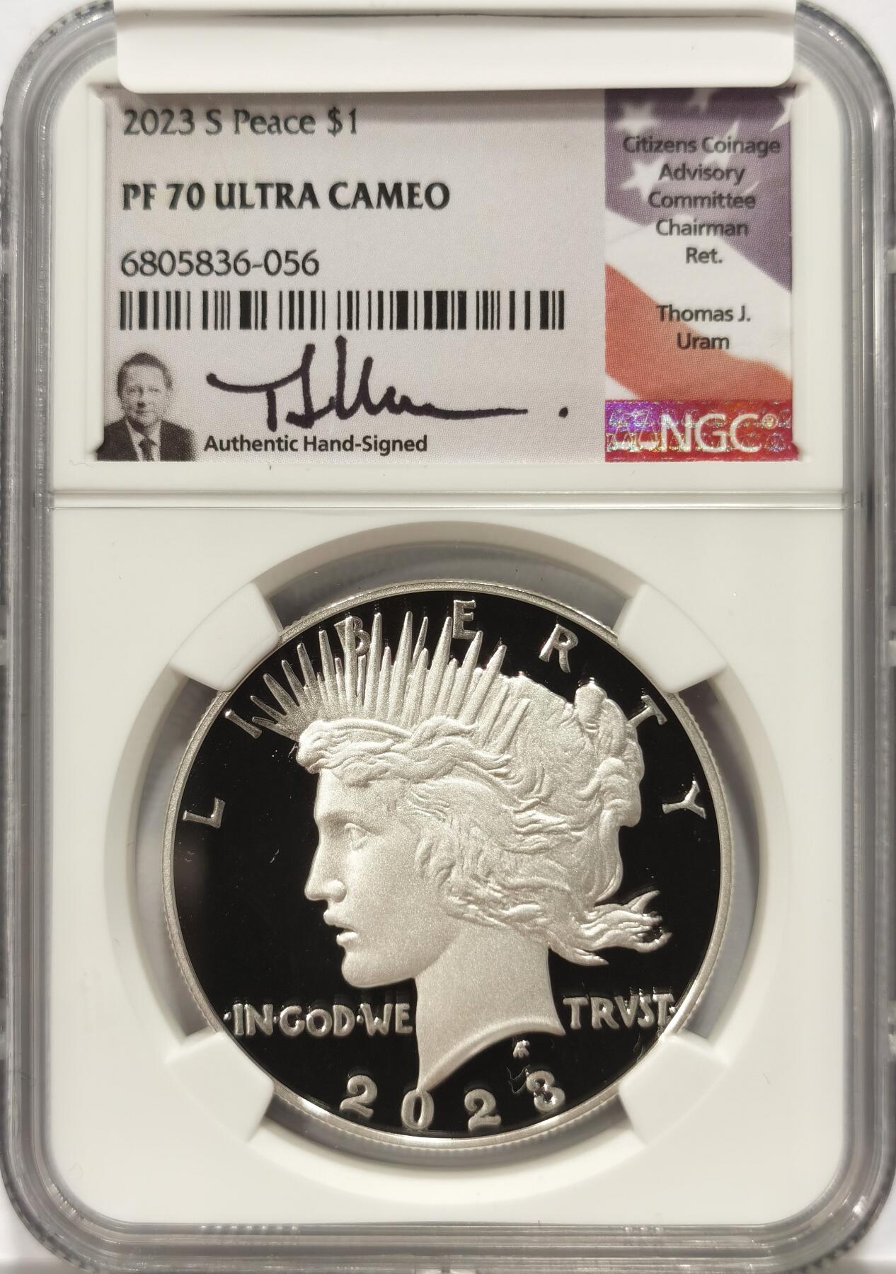 【麦稀奇收藏嘉年华】 博洋堂美国及美洲钱币专场拍卖②暨第127期（全场包邮） NGC PF70UC 美国2023年S版和平复刻精制1美元精制银币，罕见70分满分精制币，公民铸币咨询委员会主席Thomas J. Uram签名特殊标签6