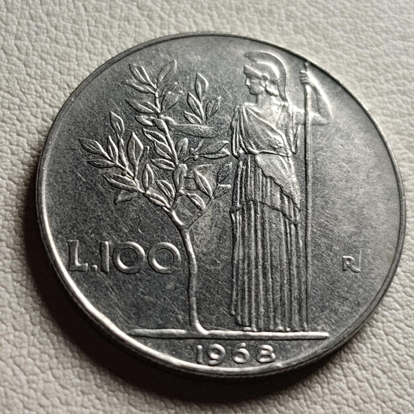 泉币菌-第38场-各国散币 意大利早期100里拉 月亮和记忆女神密涅瓦 不锈钢币 27.8mm