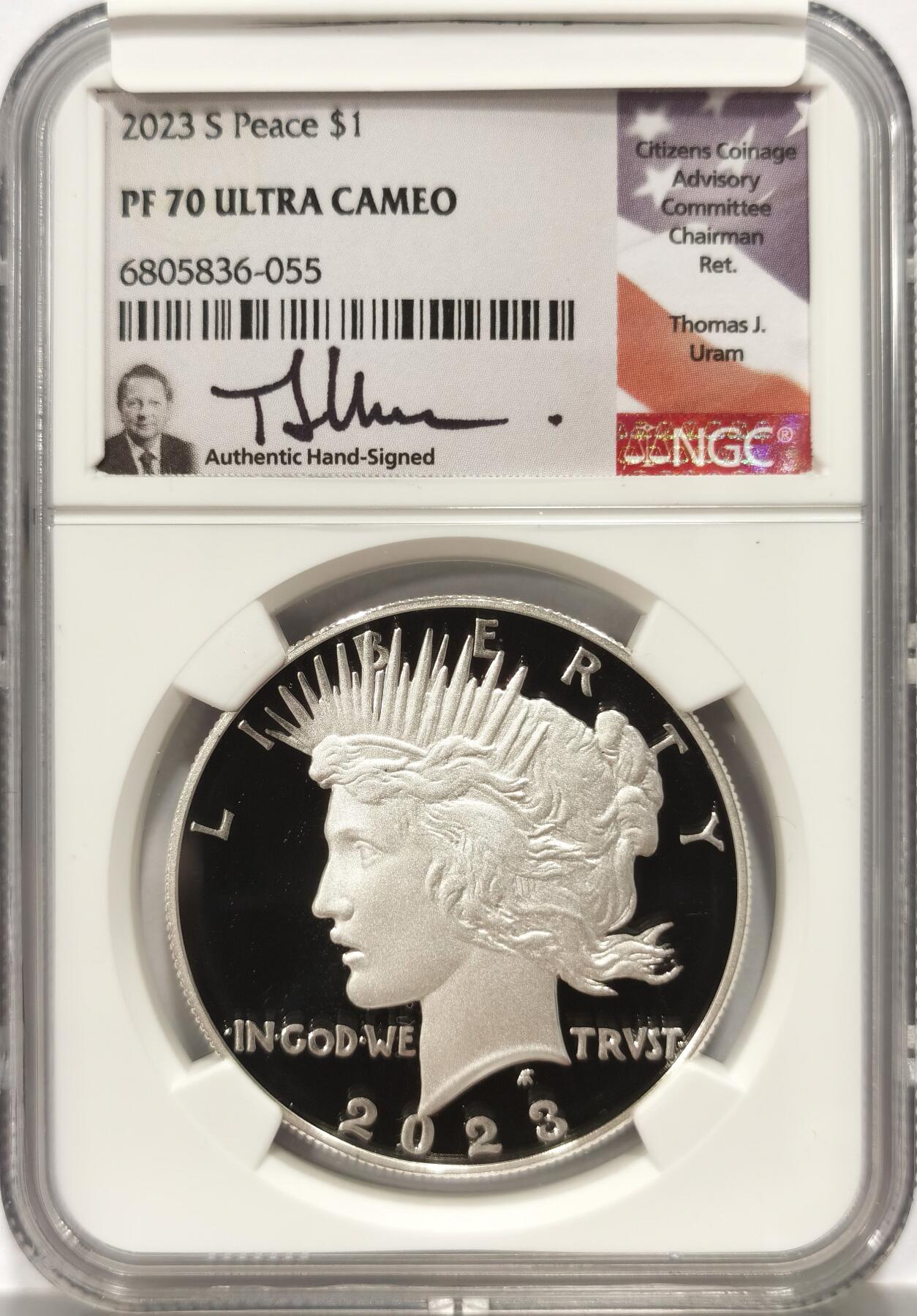 【麦稀奇收藏嘉年华】 博洋堂美国及美洲钱币专场拍卖②暨第127期（全场包邮） NGC PF70UC 美国2023年S版和平复刻精制1美元精制银币，罕见70分满分精制币，公民铸币咨询委员会主席Thomas J. Uram签名特殊标签5