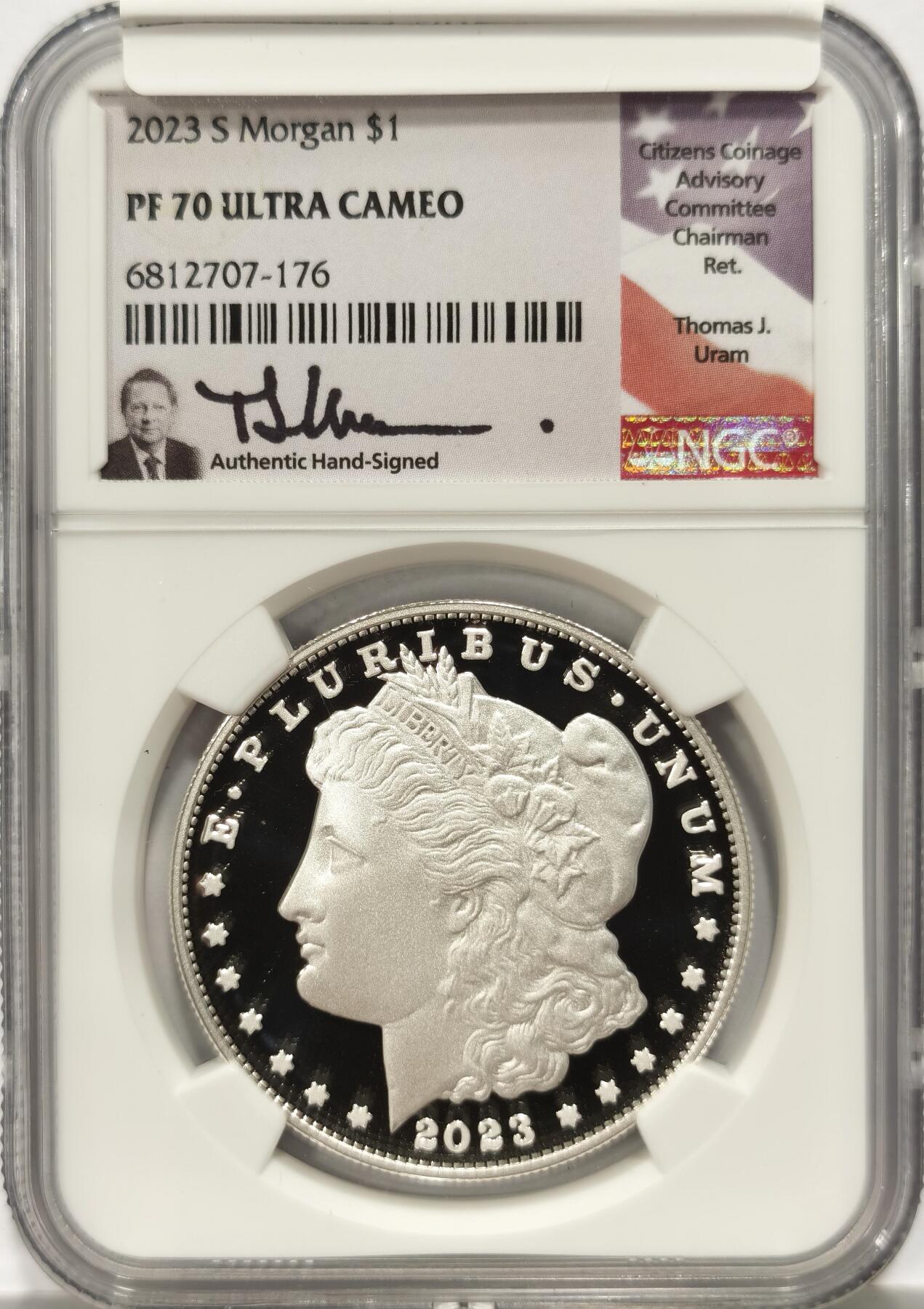 【麦稀奇收藏嘉年华】 博洋堂美国及美洲钱币专场拍卖②暨第127期（全场包邮） NGC PF70UC 美国2023年S版摩根复刻精制1美元精制银币，罕见70分满分精制币，公民铸币咨询委员会主席Thomas J. Uram签名特殊标签13