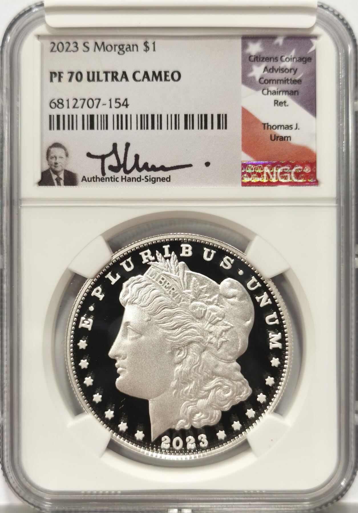 【麦稀奇收藏嘉年华】 博洋堂美国及美洲钱币专场拍卖②暨第127期（全场包邮） NGC PF70UC 美国2023年S版摩根复刻精制1美元精制银币，罕见70分满分精制币，公民铸币咨询委员会主席Thomas J. Uram签名特殊标签4