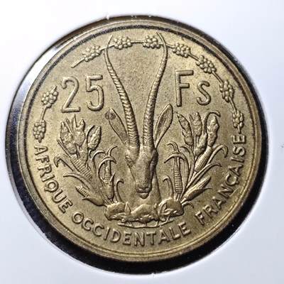 KK钱币收藏小铺 第299期 百期特拍3连拍第1场  周末发货 -  1956法属西非25法郎 好品带光 细节好看！