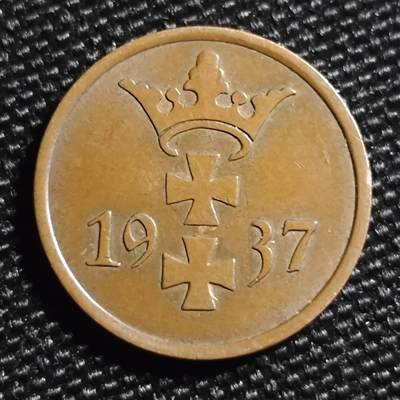 KK钱币收藏小铺 第299期 百期特拍3连拍第1场  周末发货 -  1937但泽1芬尼铜币 巧克力包浆漂亮