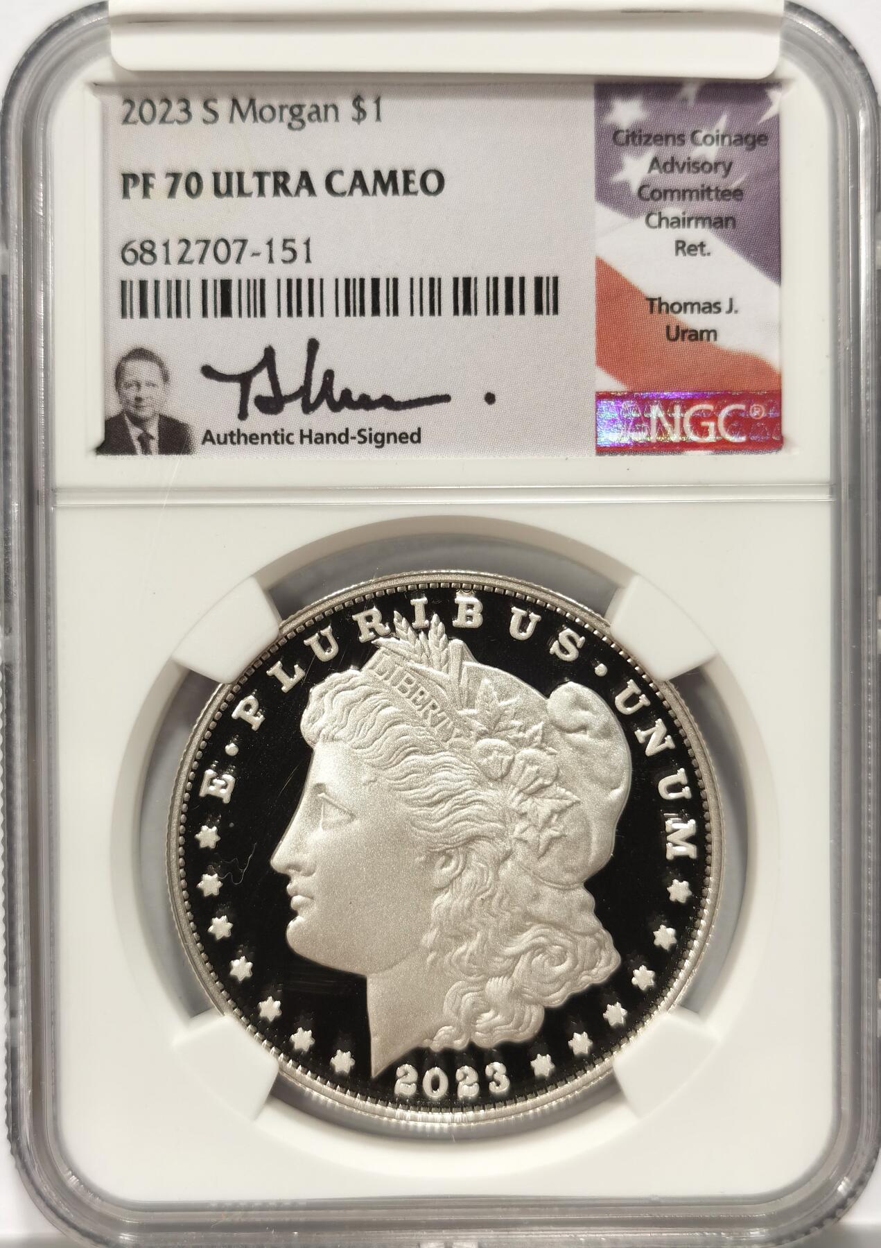 【麦稀奇收藏嘉年华】 博洋堂美国及美洲钱币专场拍卖②暨第127期（全场包邮） NGC PF70UC 美国2023年S版摩根复刻精制1美元精制银币，罕见70分满分精制币，公民铸币咨询委员会主席Thomas J. Uram签名特殊标签1