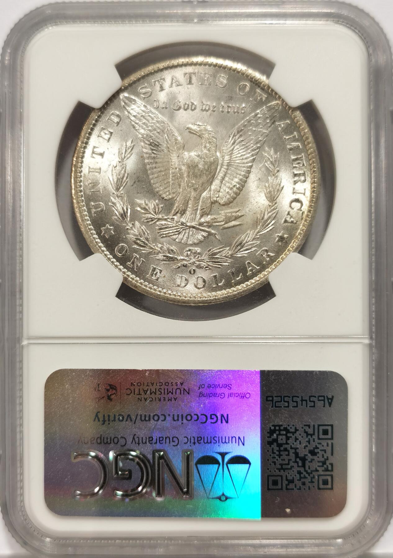 【麦稀奇收藏嘉年华】 博洋堂美国及美洲钱币专场拍卖②暨第127期（全场包邮） 1902年美国摩根银币O版NGC-MS64，正面月牙彩包浆，反面清爽又干净，转光强烈细节优秀，状态极佳。