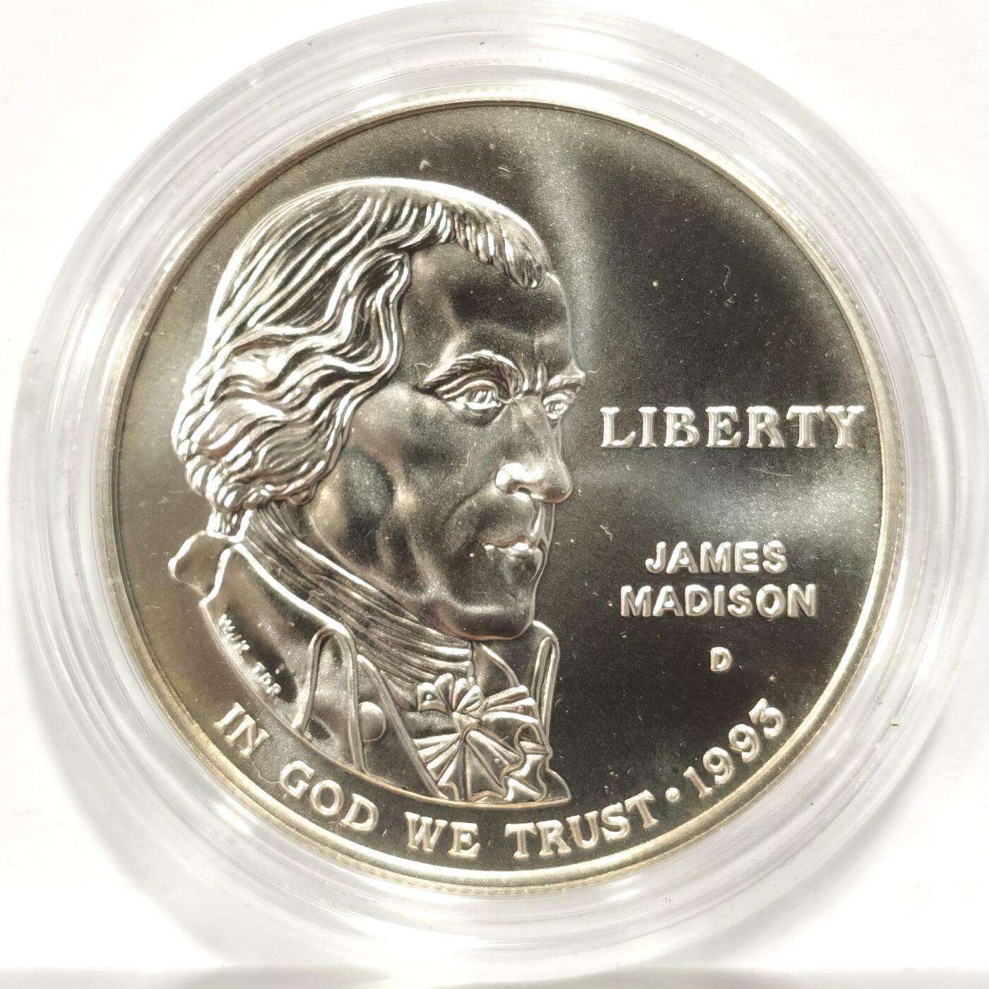 【麦稀奇收藏嘉年华】 博洋堂美国及美洲钱币专场拍卖②暨第127期（全场包邮） 美国1993年麦迪逊总统1美元银币UNC，美国第4任总统，美国宪法之父詹姆斯·麦迪逊，币面清爽干净又漂亮，状态极佳。