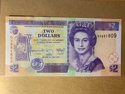 【礼羽收藏】🌏世界钱币拍卖第124期 - 【DV881809】全新UNC 2021年伯利兹2面值纸币 女王钞 无3457尾809 倒置号