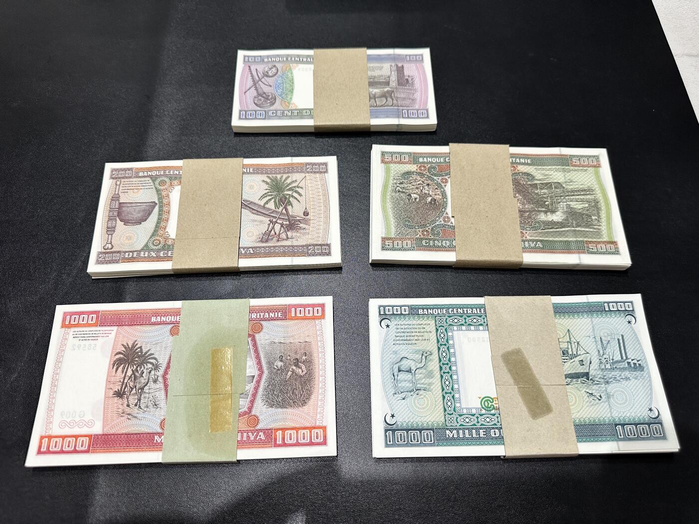 《外钞收藏家》第五百三十八期（本期有精美裸币、稀少美元、精美法属）（本平台长期征集拍品、欢迎藏友们联系合作） 毛里塔尼亚100、200、500、1000 四个面额 五份纸币 每份都是70张 共计350张 全新 一起拍 有不是完全连号