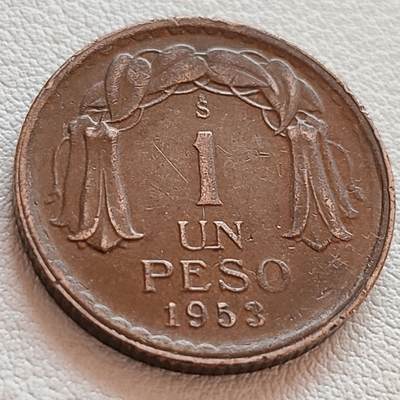 泉币菌-第39场-各国散币 - 少见 智利1953年1比索铜币 国父奥希金斯将军 25mm