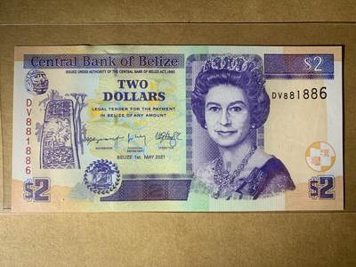 【礼羽收藏】🌏世界钱币拍卖第123期 - 【DV881886】全新UNC 2021年伯利兹2面值纸币 女王钞 无3457尾886 倒置号