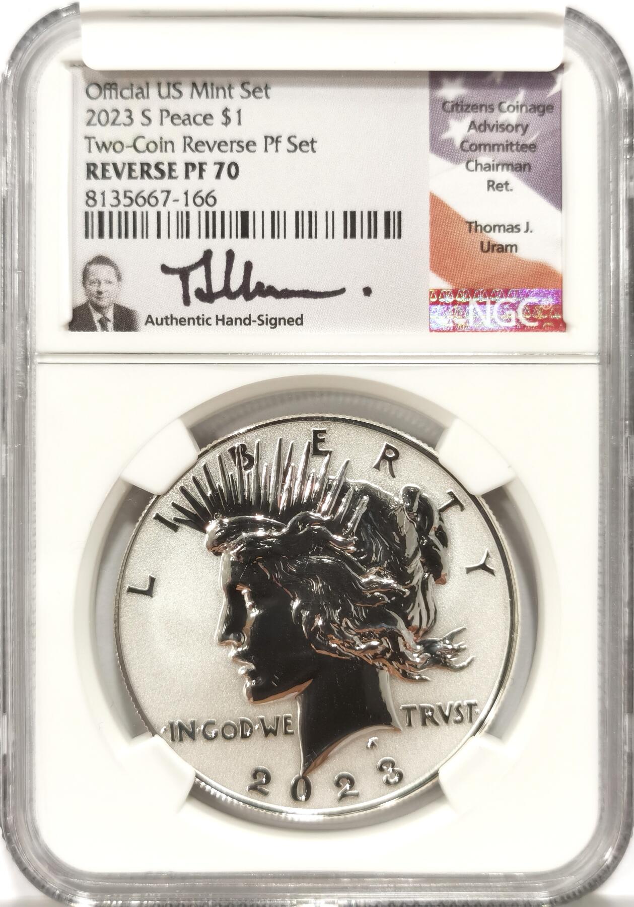 【麦稀奇收藏嘉年华】 博洋堂美国及美洲钱币专场拍卖②暨第127期（全场包邮） NGC REVERSE PF70 美国2023年S版和平反向精制1美元银币，反向精制稀少，70分更是罕见，公民铸币咨询委员会主席Thomas J. Uram签名特殊标签16