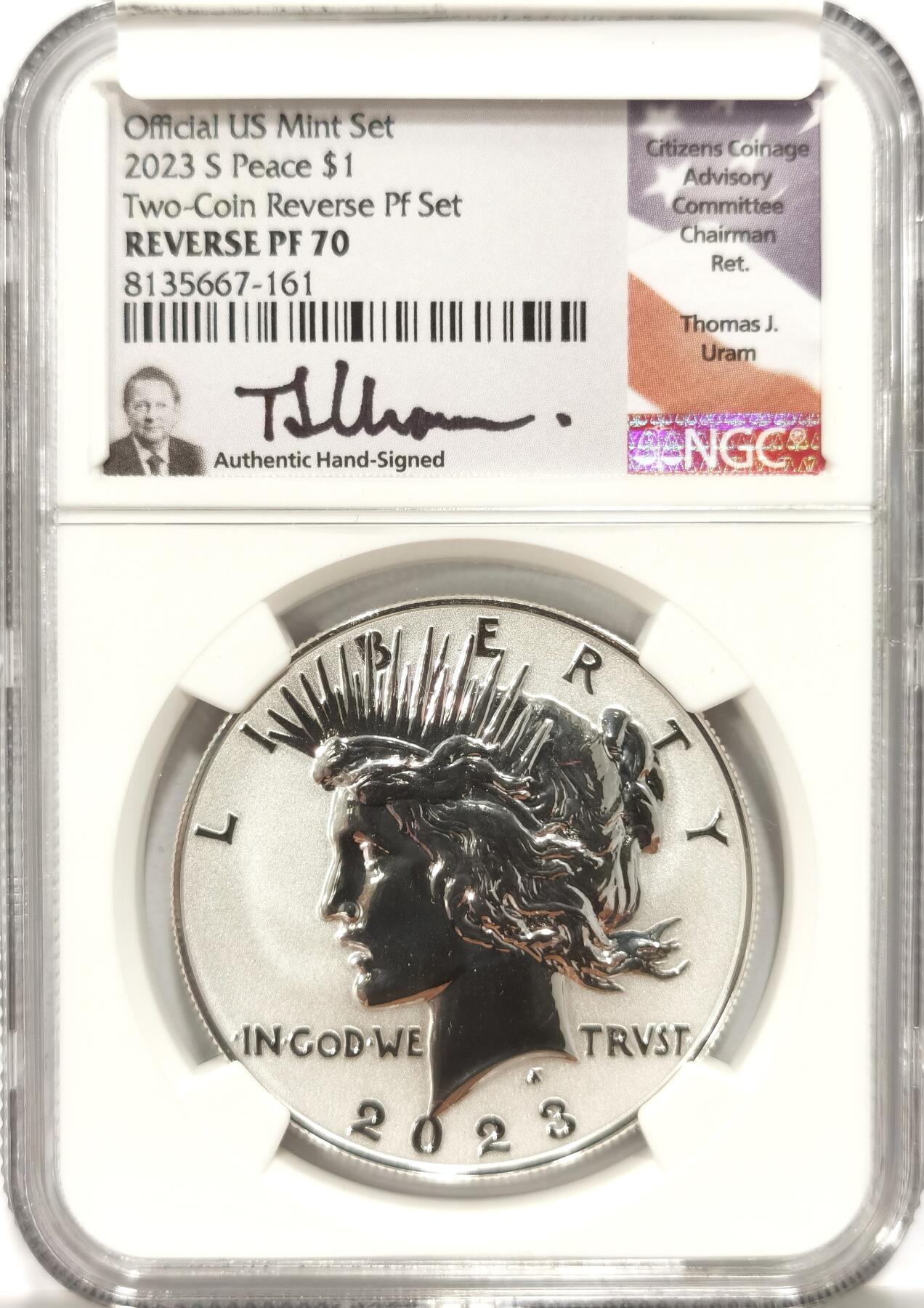 【麦稀奇收藏嘉年华】 博洋堂美国及美洲钱币专场拍卖②暨第127期（全场包邮） NGC REVERSE PF70 美国2023年S版和平反向精制1美元银币，反向精制稀少，70分更是罕见，公民铸币咨询委员会主席Thomas J. Uram签名特殊标签11