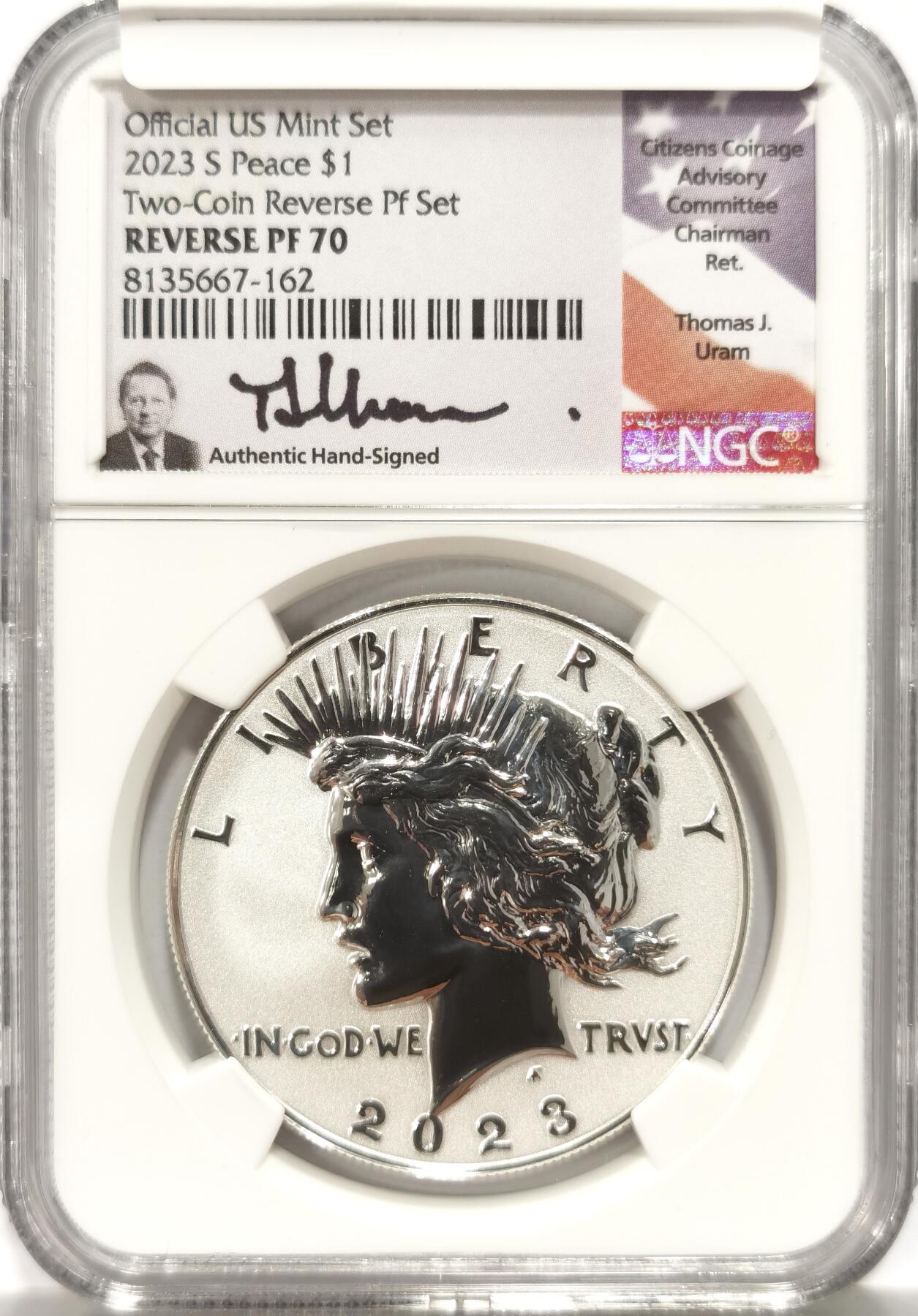 【麦稀奇收藏嘉年华】 博洋堂美国及美洲钱币专场拍卖②暨第127期（全场包邮） NGC REVERSE PF70 美国2023年S版和平反向精制1美元银币，反向精制稀少，70分更是罕见，公民铸币咨询委员会主席Thomas J. Uram签名特殊标签12