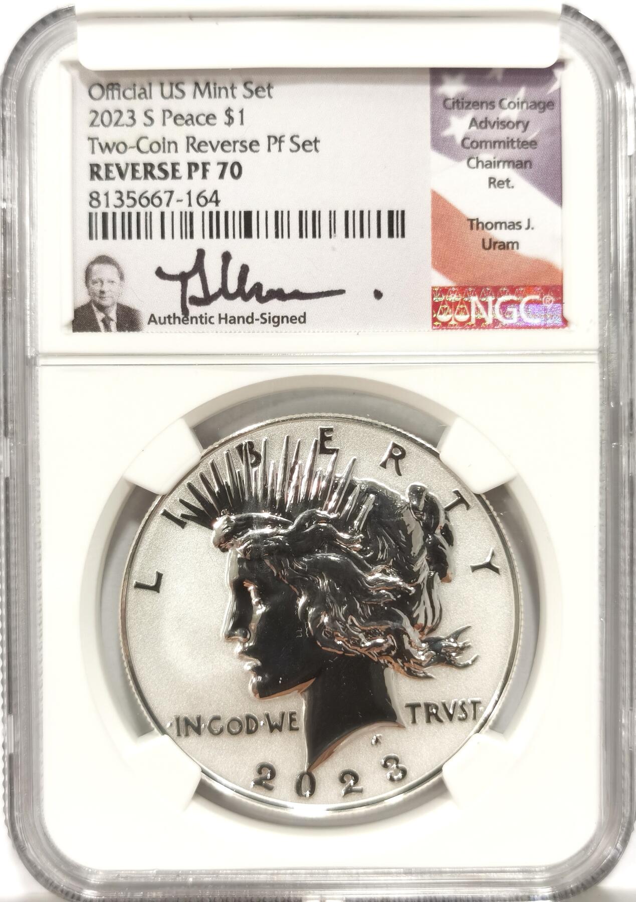 【麦稀奇收藏嘉年华】 博洋堂美国及美洲钱币专场拍卖②暨第127期（全场包邮） NGC REVERSE PF70 美国2023年S版和平反向精制1美元银币，反向精制稀少，70分更是罕见，公民铸币咨询委员会主席Thomas J. Uram签名特殊标签14