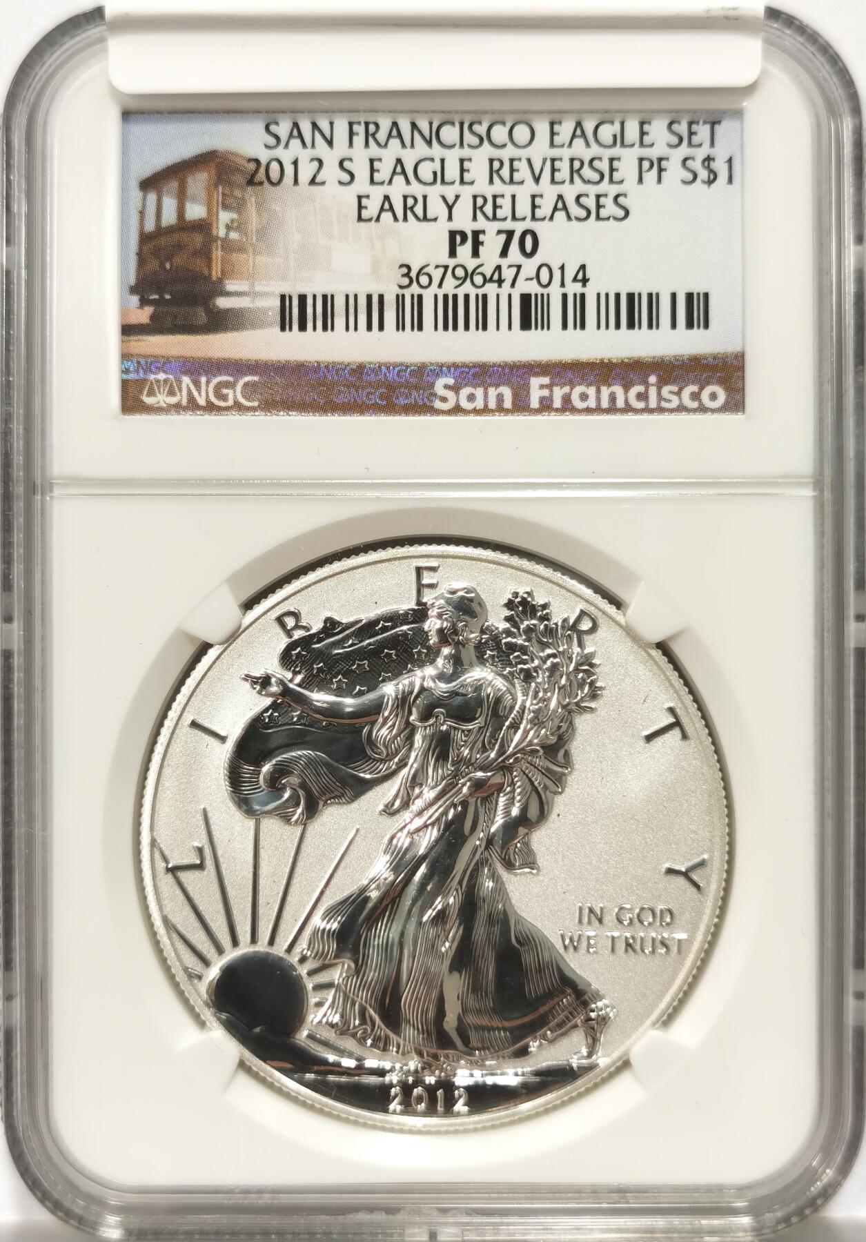 【麦稀奇收藏嘉年华】 博洋堂美国及美洲钱币专场拍卖②暨第127期（全场包邮） NGC PF70 美国2012年S版行走女神反向精制1美元银币，稀少反向精制70分，旧金山造币厂特殊标签