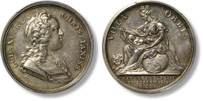 上海匡时2025年春季拍卖会 1729年法国法王之子出生纪念银章一枚， 路易十五唯一活下来的儿子，法兰西王子，路易·费迪南也是路易十六，路易十八，查理十世，三位国王的父亲，PCGS SP63，评级编号：40324427