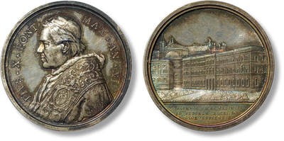 上海匡时2025年春季拍卖会 1914年梵蒂冈庇护十世高浮雕银章一枚，冠军分数，五彩包浆， PCGS SP65，评级编号：41832496