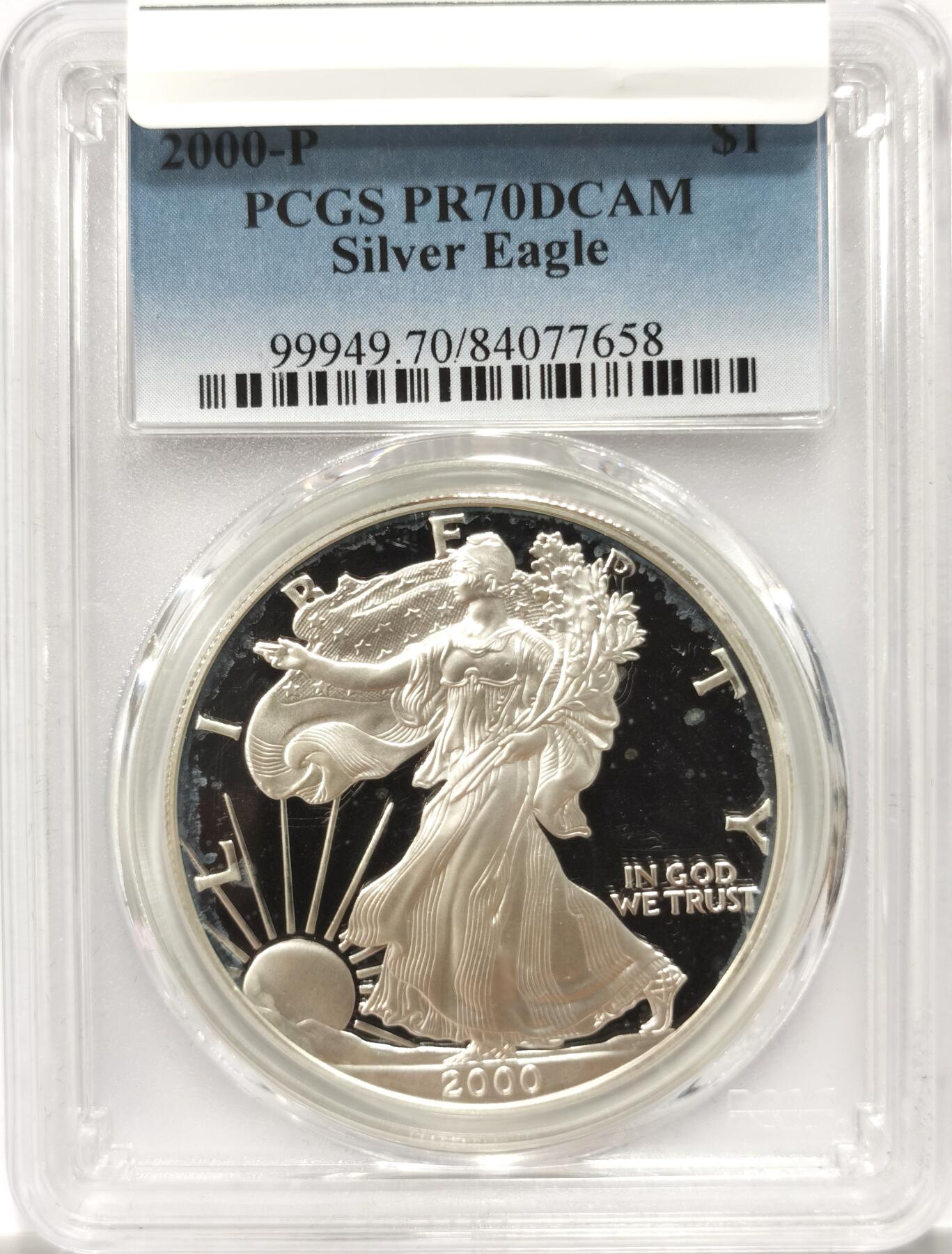【麦稀奇收藏嘉年华】 博洋堂美国及美洲钱币专场拍卖②暨第127期（全场包邮） PCGS PR70DCAM 美国2000年P版行走女神1美元鹰洋精制银币，罕见70分满分精制币