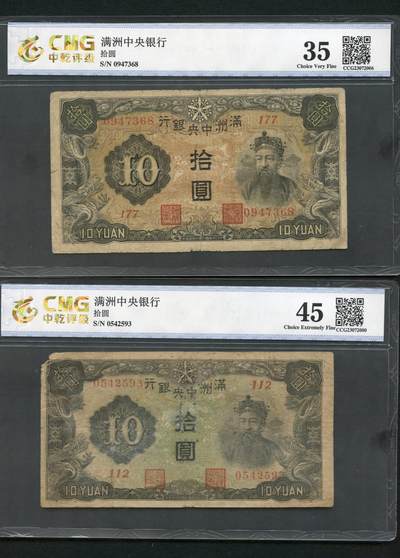 沧河堂纸币0002 - 满洲中央银行 一元 两种 中乾真品