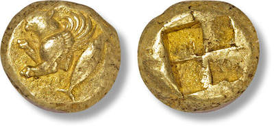 上海匡时2025年春季拍卖会 古希腊 克孜柯斯1斯塔特琥珀金币一枚，公元前6世纪发行，正面：带翅膀的狮子半身像，背面：风车型压印，NGC 评级，评级编号：6156730-002