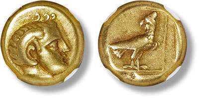 上海匡时2025年春季拍卖会 古希腊 米蒂利尼 1/6 琥珀金币一枚，莱斯波斯岛米提利尼城邦公元前 377- 前 326 年发行，正面太阳神阿波罗 - 卡梅奥斯头像，头上有牡羊神的象征公羊角。这个形象可能是游牧民族崇拜的神和古希腊太阳神阿波罗的合体，背面是一只站里的雄鹰，鹰姿勃发，NGC 评级，评级编号：8240460-007