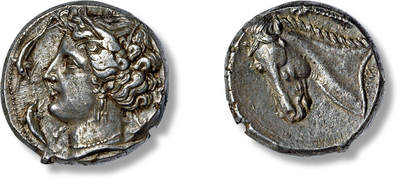上海匡时2025年春季拍卖会 古希腊布匿四德拉克马银币一枚，直径：24.5mm，重量16.7g，公元前 320- 前 300 年西西里岛上的迦太基人殖民者打制。正面是古希腊水仙女阿瑞苏萨戴芦苇冠头像，耳朵上有三坠耳环，脖子上戴着珍珠项链，海豚围绕着头像，最外圈是珠圈。背面是一只雄壮的宝马头像，鬃毛精细，身后有一棵挂果的棕榈树
