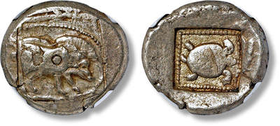 上海匡时2025年春季拍卖会 古希腊 利西亚王朝1斯塔特银币一枚，小亚细亚的利西亚王朝公元前5世纪早期发行的古风银币，正面：野猪，背面：陆龟，NGC评级，评级编号：6556772-013