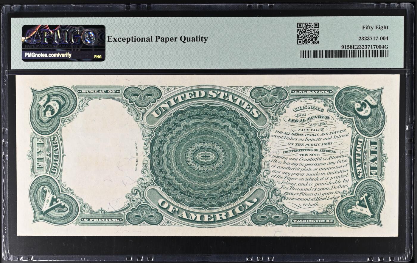 《艾美收藏》第201期-周日外币畅拍场 美国1907年早期红色库印5美元PMG58E无47 经典品种伐木工 带E难得 极品雕刻