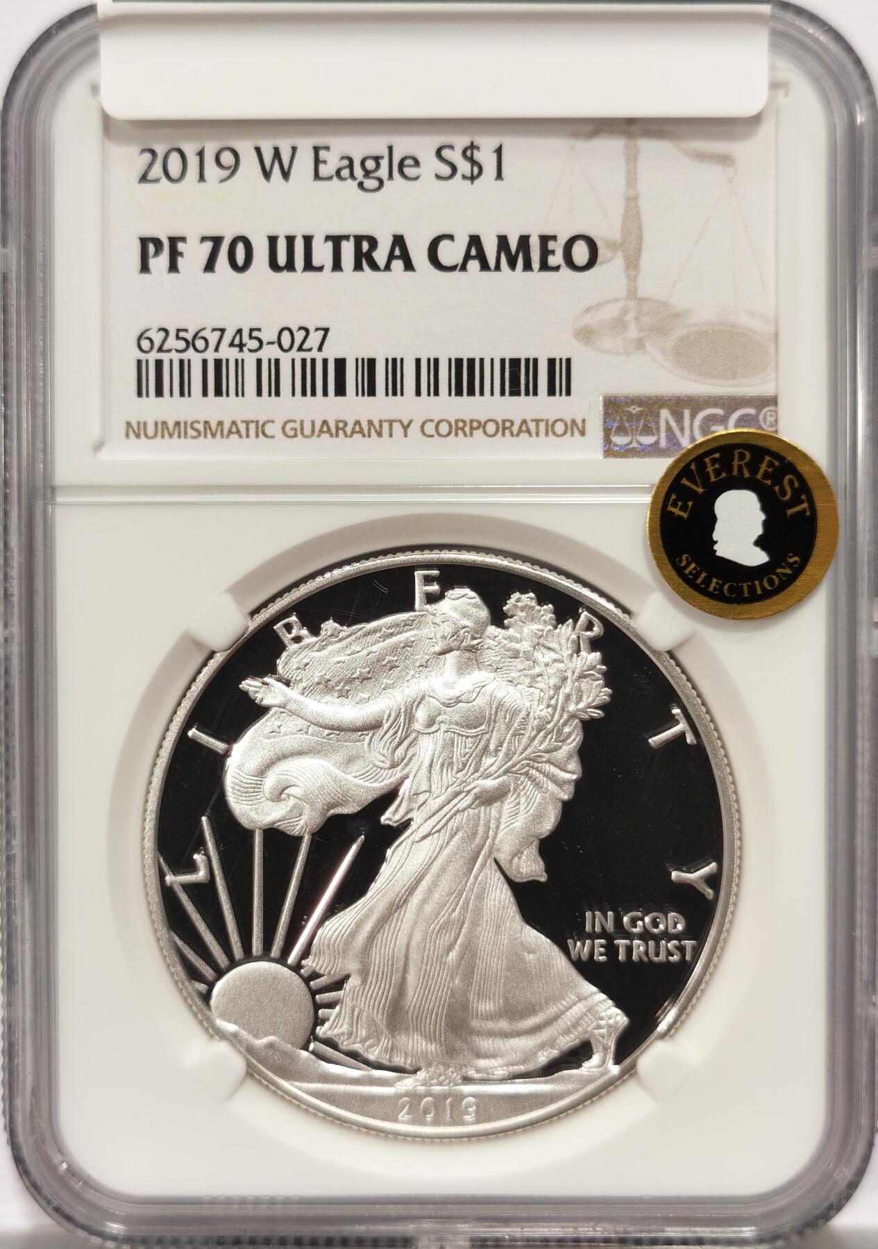 【麦稀奇收藏嘉年华】 博洋堂美国及美洲钱币专场拍卖②暨第127期（全场包邮） NGC PF70UC 美国2019年W版行走女神1美元鹰洋精制银币，罕见70分满分精制币，带巅峰收藏系列金色贴纸