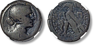 上海匡时2025年春季拍卖会 古希腊 托勒密王朝埃及艳后铜币一枚，克利奥帕特拉七世（约前70年12月或前69年1月-约前30年8月12日），通称埃及艳后，是古埃及的托勒密王朝最后一任女法老。NGC评级，评级编号：6836779-002