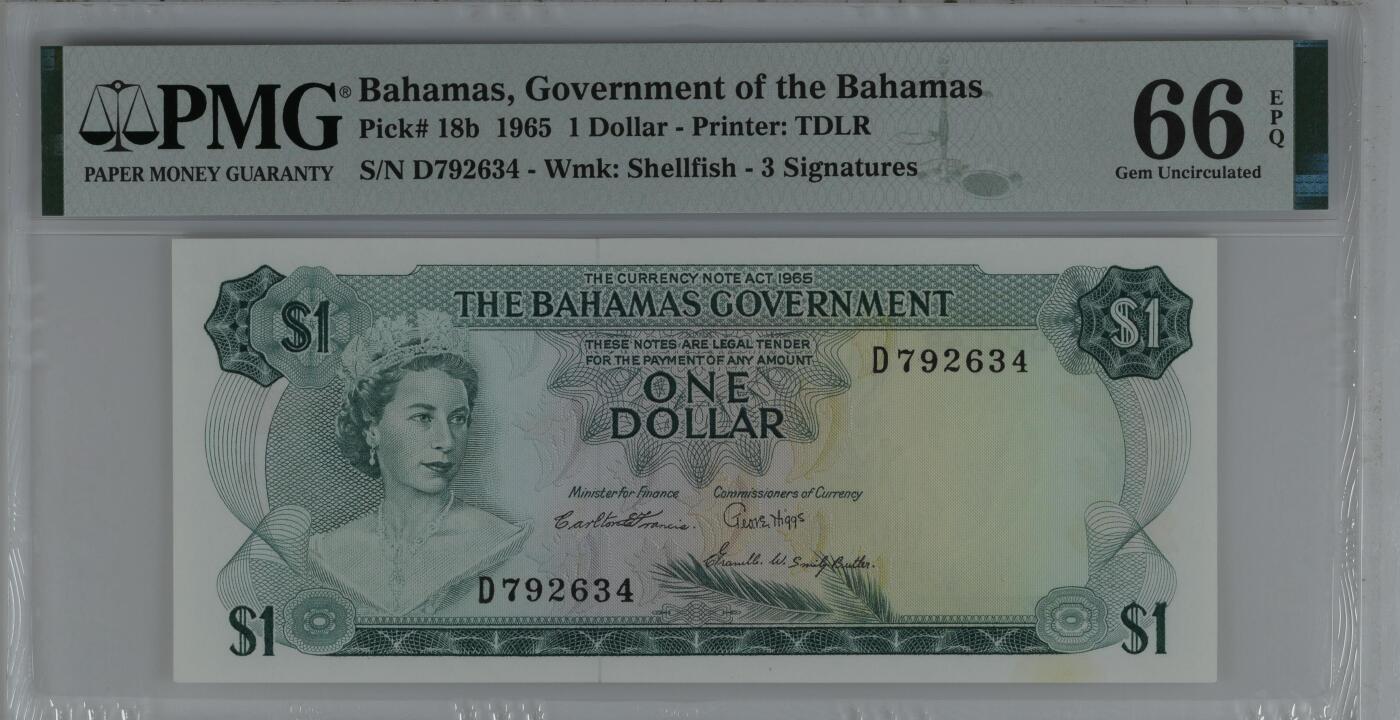 女王纸币 Bahamas, Government of the Bahamas, 1 Dollar 1965 - Printer: TDLR