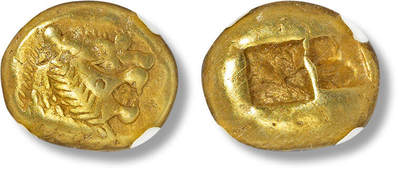 上海匡时2025年春季拍卖会 古希腊 吕底亚 1/3 斯塔特琥珀金币一枚，西方统一制式及有图案的最早钱币品种之一，公元前 610- 前546 年吕底亚王国发行，正面：狮子头图案，狮子额头上有升起的太阳，背面：方形戳记，NGC 评级，评级编号：6156730-004