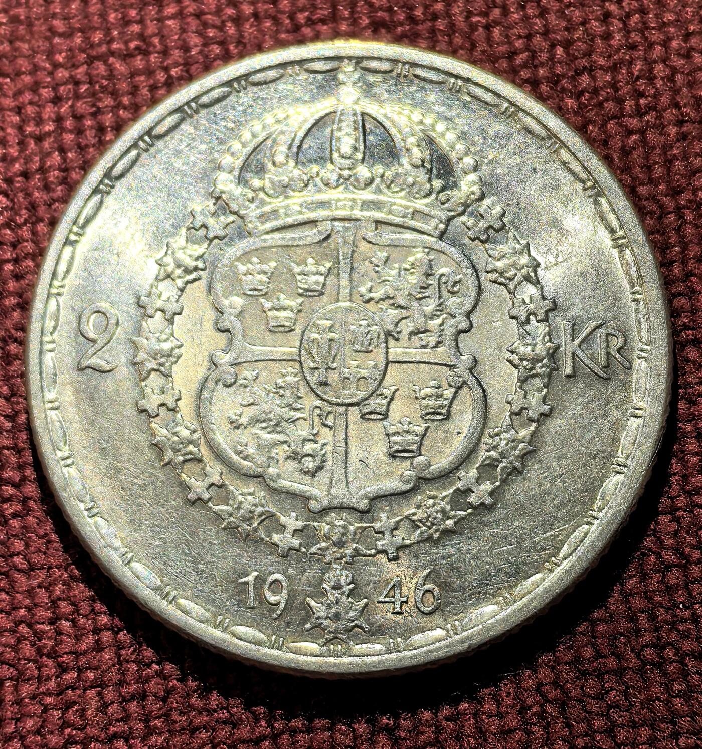 南宋泉阁俄币 外币 国币 专场第十二期【送拍无额外佣金】 瑞典 1946年 古斯塔夫五世2克朗银币 14g 400银 极品双面转光 银霜感强