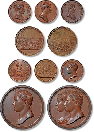上海匡时2025年春季拍卖会 十九世纪初法国拿破仑一世系列大型纪念样章一套，内收单面铅锡合金鎏铜质纪念样章十枚，直径：67-136mm，均系巴黎造币厂存档试样，由法国著名雕刻师Bertrand Andrieu雕模铸造，包括：（1）法国大革命纪念样章；（2）巴黎人民攻占巴士底狱纪念样章；（3）1800年拿破仑·波拿巴穿越大圣伯纳德山口纪念样章；（4）拿破仑执政法兰西第一共和国纪念样章；（5）拿破仑像西班牙马德里战役纪念样章；（6