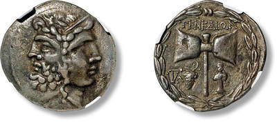 上海匡时2025年春季拍卖会 古希腊 忒涅多斯岛四德拉克马银币一枚，面值：四德拉克马，正面：宙斯和赫拉组成的双面神头像，背面：双刃战斧，NGC评级，评级编号：8240460-041