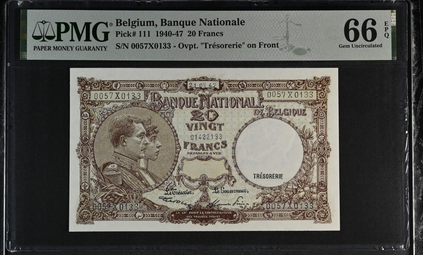 《艾美收藏》第201期-周日外币畅拍场 比利时1947年早期20法郎PMG66E亚军分无47 Pick#111 冠军67分仅3张