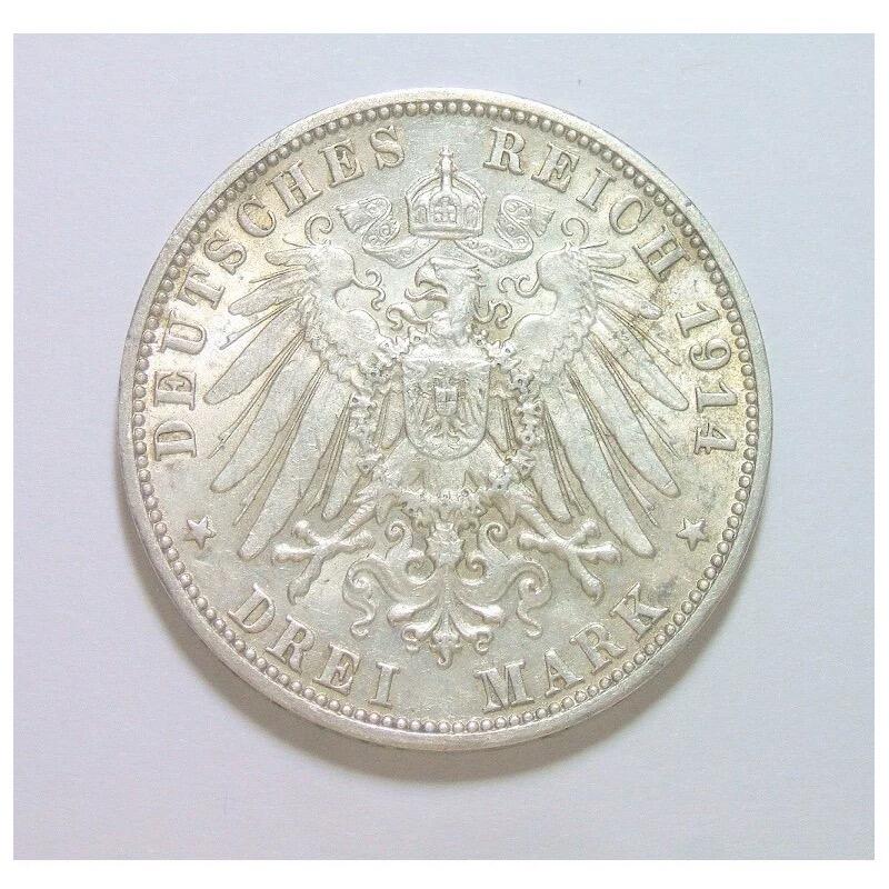 【银】德国符腾堡1914年 威廉二世银婚3马克银币 带原光