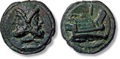 上海匡时2025年春季拍卖会 古罗马共和国 阿斯铜币一枚，直径：65.5mm，重量 :257.5g，正面是双面神詹努斯，是罗马人崇拜的重要神祇，他主管起始和终结。拉丁语中的“一月”这个词（January）就是由雅努斯而来。背面是战船船头。此币由古罗马共和国发行于公元前 225-217 年，著名的第二次布匿战争之前