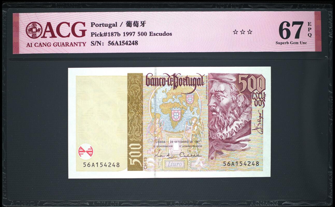 《艾美收藏》第201期-周日外币畅拍场 葡萄牙1997年A冠500埃斯库多爱藏评级67分尾8，Pick#187b，难上分品种，经典大航海系列