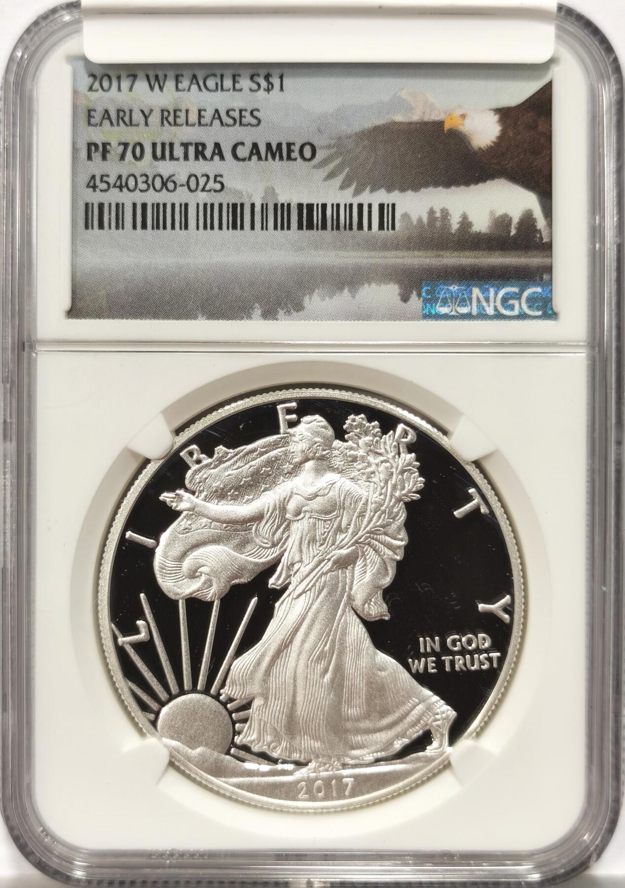 【麦稀奇收藏嘉年华】 博洋堂美国及美洲钱币专场拍卖②暨第127期（全场包邮） NGC PF70UC 美国2017年W版行走女神1美元鹰洋精制银币，罕见70分满分精制币，早期发行标签