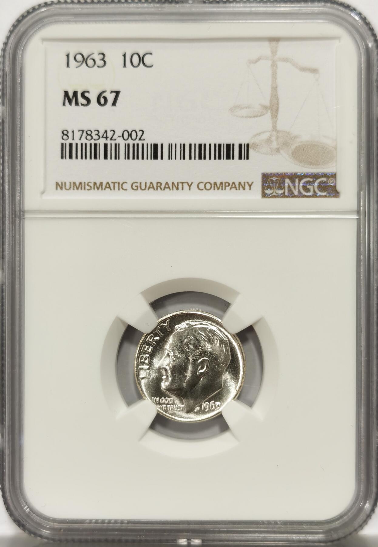 【麦稀奇收藏嘉年华】 博洋堂美国及美洲钱币专场拍卖②暨第127期（全场包邮） NGC MS67 美国1963年罗斯福10分银币