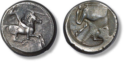 上海匡时2025年春季拍卖会 古希腊杰拉城两德拉克马银币一枚，直径：20.6mm，重量：8.6g，正面骑马战士，背面河神人头牛身，西西里岛城市杰拉以其河流命名，其名字意为“冬日霜冻”。公元前 490-480 发行