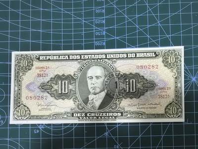 外国钱币专场，0元起拍，3元加价，无佣金 - 巴西钱币 10克鲁塞罗纸币 1967年 美洲（改值加盖1分）