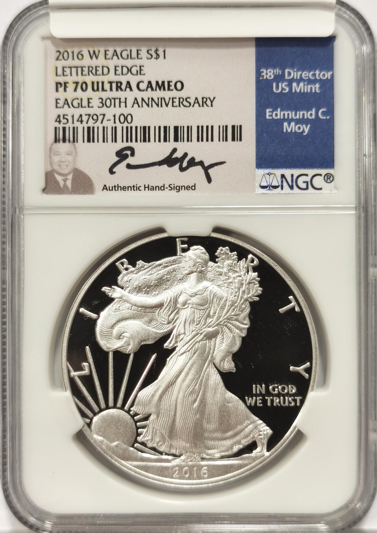 【麦稀奇收藏嘉年华】 博洋堂美国及美洲钱币专场拍卖②暨第127期（全场包邮） NGC PF70UC 美国2016年W版行走女神1美元鹰洋精制银币，罕见70分满分精制币，第38任美国铸币局局长签名特殊标签