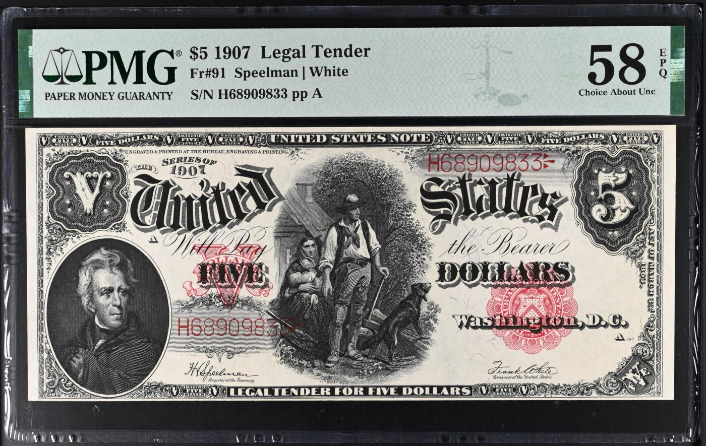 《艾美收藏》第201期-周日外币畅拍场 美国1907年早期红色库印5美元PMG58E无47 经典品种伐木工 带E难得 极品雕刻