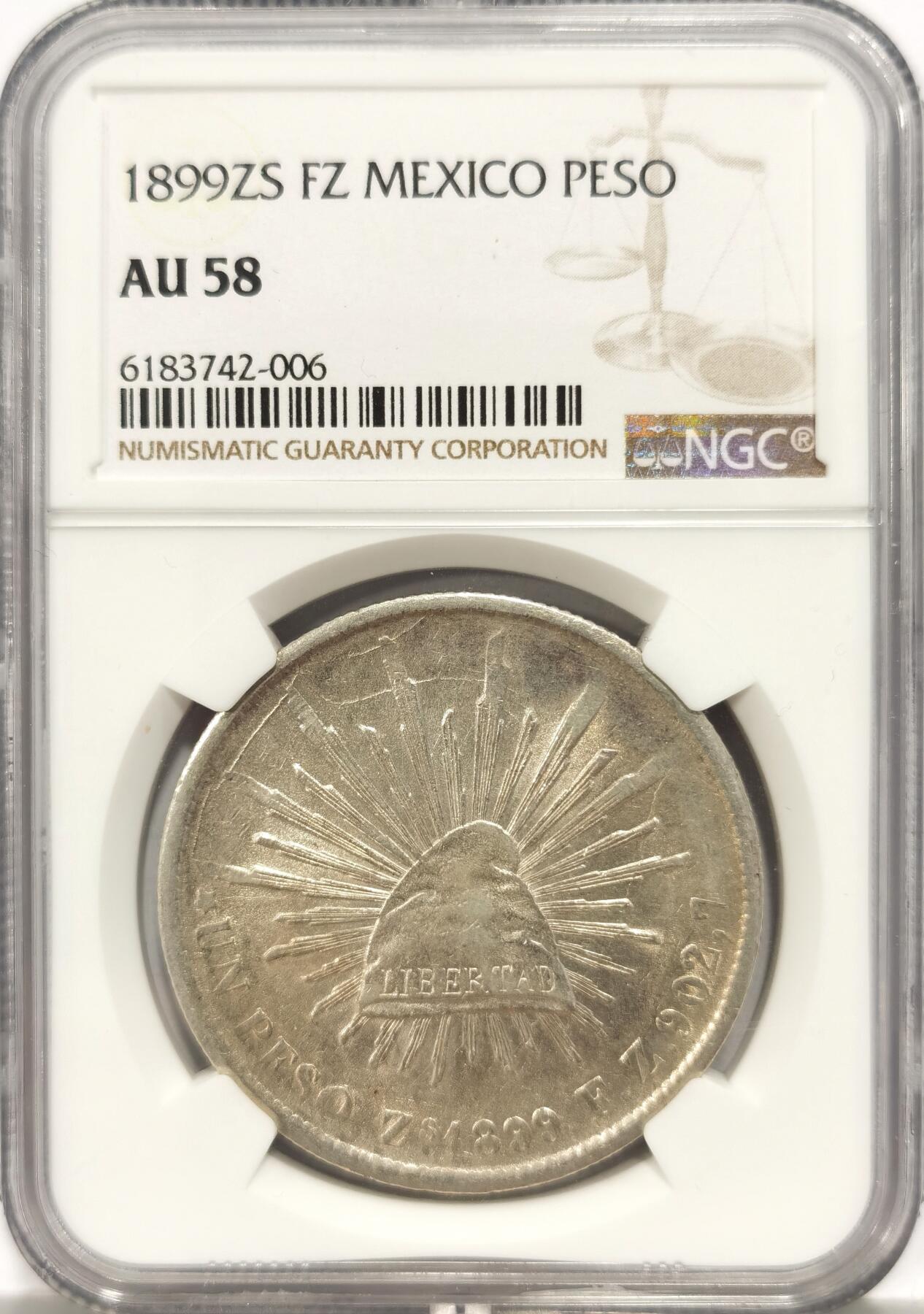 【麦稀奇收藏嘉年华】 博洋堂美国及美洲钱币专场拍卖②暨第127期（全场包邮） NGC AU58 墨西哥1899年ZS FZ版直边鹰洋，直边中相对少见的版