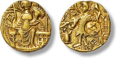 上海匡时2025年春季拍卖会 公元335-350年贵霜帝国凯普纳达金币一枚，塔克西拉造币厂，正面：国王盛装站像，背面：阿尔克多修坐像，直径：19.5mm，重量：7.72g