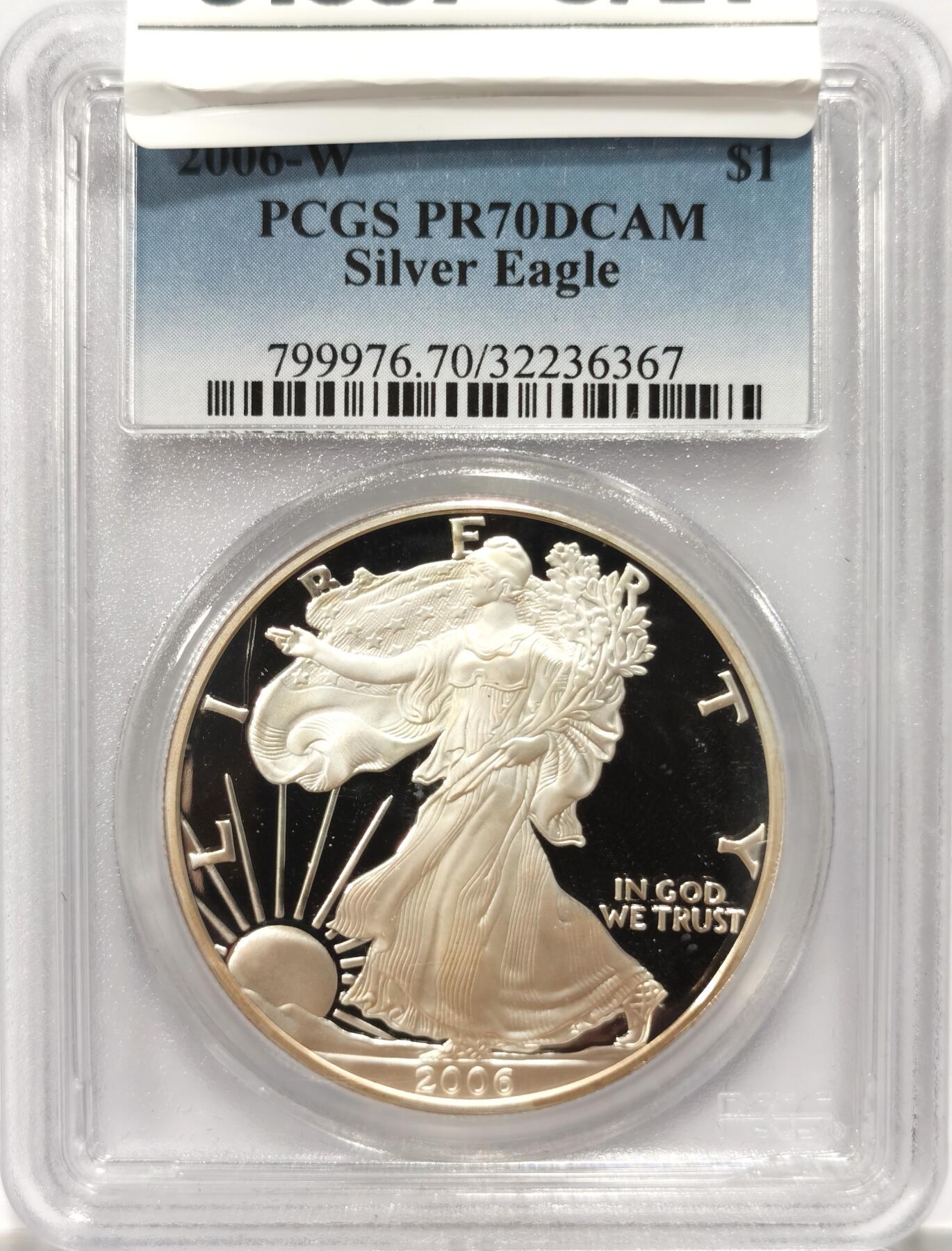 【麦稀奇收藏嘉年华】 博洋堂美国及美洲钱币专场拍卖②暨第127期（全场包邮） PCGS PR70DCAM 美国2006年W版行走女神1美元鹰洋精制银币，罕见70分满分精制币